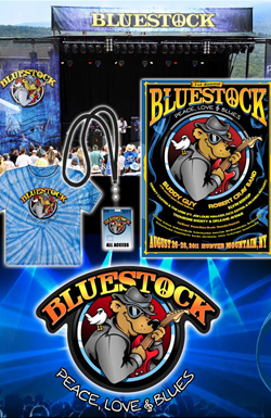 Overall Branding Design for Bluestock Music Festival, Hunter Mountain NY. Logo Design, Poster Design, T-Shirt Design and more.